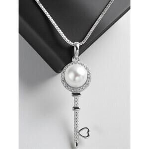 Pearl Key Pendant Necklace: Sterling Silver Heart Key with CZ